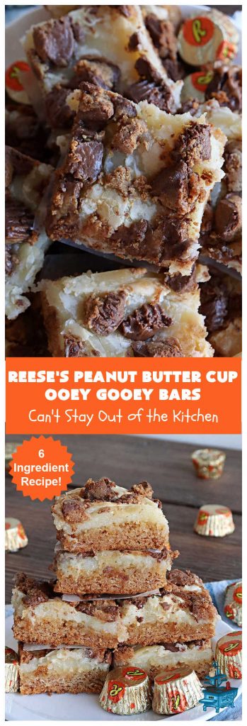 Reese's Peanut Butter Cup Ooey Gooey Bars | Can't Stay Out of the Kitchen | This fabulous #OoeyGooeyBar #recipe uses only 6 ingredients! It has a luscious #cheesecake filling & it's topped with #ReesesPeanutButterCups. Every bite will have you swooning! Great for #holiday #baking, #tailgating parties, a #ChristmasCookieExchange or any time you just need #chocolate! #PeanutButter #dessert #brownie #cookie #CreamCheese #ReesesPeanutButterCupOoeyGooeyBars
