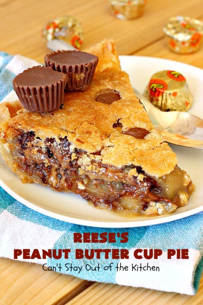 Reese's Peanut Butter Cup Pie | Can't Stay Out of the Kitchen | This fantastic #Pie will knock your socks off! It's sinfully rich, decadent & absolutely mouthwatering. It's filled with #ReesesPeanutButterCups! #Chocolate & #PeanutButter in a pie are the ultimate #dessert experience. Great for #holidays & special occasions. #ValentinesDay #HolidayDessert #ChocolateDessert #PeanutButterDessert #ReesesDessert #ReesesPeanutButterCupPie #Reeses