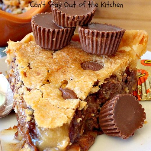 Reese's Peanut Butter Cup Pie | Can't Stay Out of the Kitchen | This fantastic #Pie will knock your socks off! It's sinfully rich, decadent & absolutely mouthwatering. It's filled with #ReesesPeanutButterCups! #Chocolate & #PeanutButter in a pie are the ultimate #dessert experience. Great for #holidays & special occasions. #ValentinesDay #HolidayDessert #ChocolateDessert #PeanutButterDessert #ReesesDessert #ReesesPeanutButterCupPie #Reeses