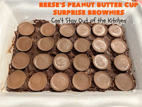 Reese's Peanut Butter Cup Surprise Brownies | Can't Stay Out of the Kitchen | These delectable #brownies have a wonderful "surprise" in each bite. A #ReesesPeanutButterCup is buried in each one. This fantastic over-the-top #dessert will have you swooning. Great for #tailgating parties, the #SuperBowl, #MarchMadness & other sporting events. #chocolate #PeanutButter #ReesesPeanutButterCupSurpriseBrownies