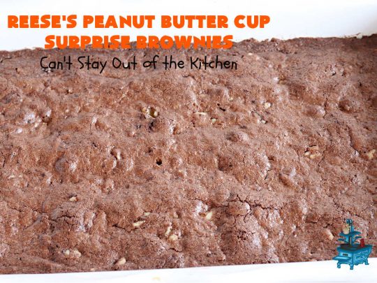 Reese's Peanut Butter Cup Surprise Brownies | Can't Stay Out of the Kitchen | These delectable #brownies have a wonderful "surprise" in each bite. A #ReesesPeanutButterCup is buried in each one. This fantastic over-the-top #dessert will have you swooning. Great for #tailgating parties, the #SuperBowl, #MarchMadness & other sporting events. #chocolate #PeanutButter #ReesesPeanutButterCupSurpriseBrownies