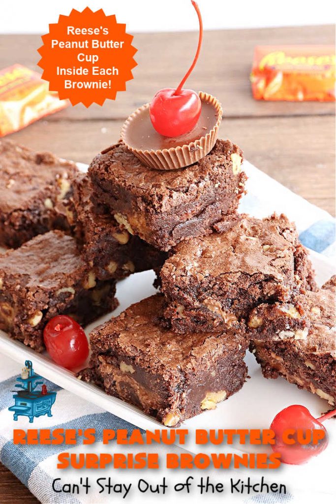 Reese's Peanut Butter Cup Surprise Brownies | Can't Stay Out of the Kitchen | These delectable #brownies have a wonderful "surprise" in each bite. A #ReesesPeanutButterCup is buried in each one. This fantastic over-the-top #dessert will have you swooning. Great for #tailgating parties, the #SuperBowl, #MarchMadness & other sporting events. #chocolate #PeanutButter #ReesesPeanutButterCupSurpriseBrownies