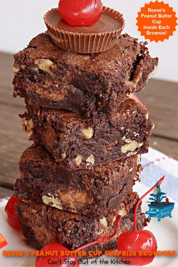 Reese's Peanut Butter Cup Surprise Brownies | Can't Stay Out of the Kitchen | These delectable #brownies have a wonderful "surprise" in each bite. A #ReesesPeanutButterCup is buried in each one. This fantastic over-the-top #dessert will have you swooning. Great for #tailgating parties, the #SuperBowl, #MarchMadness & other sporting events. #chocolate #PeanutButter #ReesesPeanutButterCupSurpriseBrownies