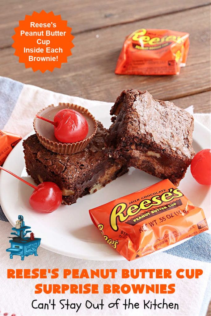 Reese's Peanut Butter Cup Surprise Brownies | Can't Stay Out of the Kitchen | These delectable #brownies have a wonderful "surprise" in each bite. A #ReesesPeanutButterCup is buried in each one. This fantastic over-the-top #dessert will have you swooning. Great for #tailgating parties, the #SuperBowl, #MarchMadness & other sporting events. #chocolate #PeanutButter #ReesesPeanutButterCupSurpriseBrownies
