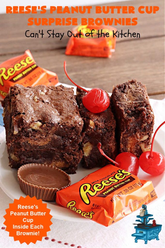 Reese's Peanut Butter Cup Surprise Brownies | Can't Stay Out of the Kitchen | These delectable #brownies have a wonderful "surprise" in each bite. A #ReesesPeanutButterCup is buried in each one. This fantastic over-the-top #dessert will have you swooning. Great for #tailgating parties, the #SuperBowl, #MarchMadness & other sporting events. #chocolate #PeanutButter #ReesesPeanutButterCupSurpriseBrownies