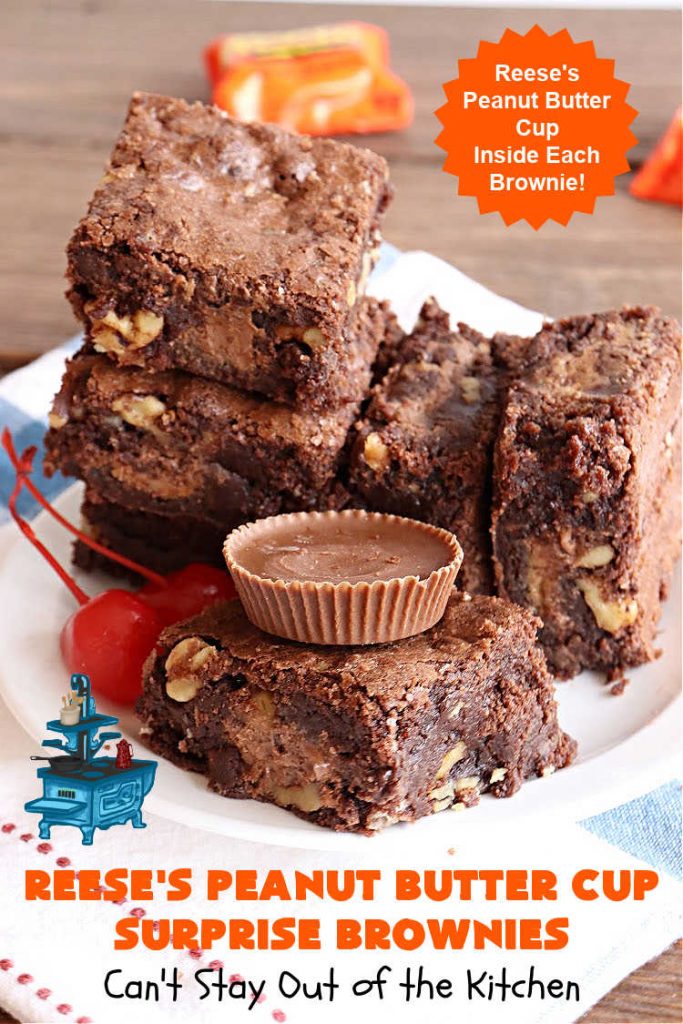 Reese's Peanut Butter Cup Surprise Brownies | Can't Stay Out of the Kitchen | These delectable #brownies have a wonderful "surprise" in each bite. A #ReesesPeanutButterCup is buried in each one. This fantastic over-the-top #dessert will have you swooning. Great for #tailgating parties, the #SuperBowl, #MarchMadness & other sporting events. #chocolate #PeanutButter #ReesesPeanutButterCupSurpriseBrownies