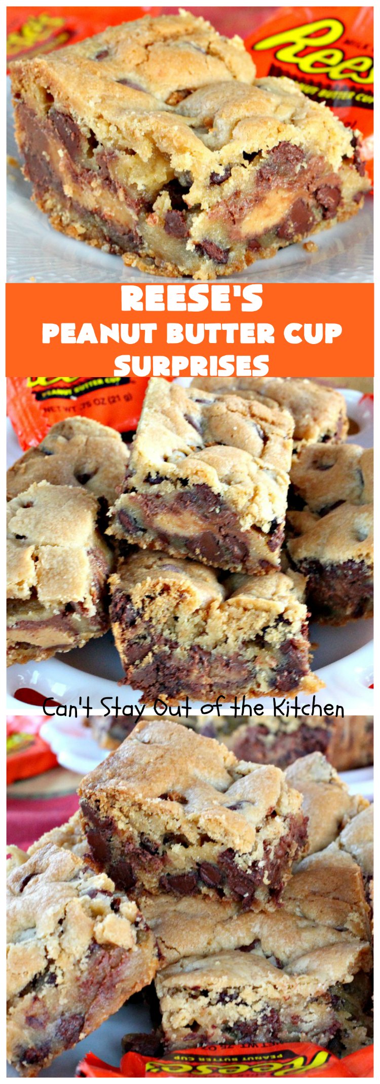 Reese's Peanut Butter Cup Surprises | Can't Stay Out of the Kitchen | these awesome #brownies have #ReesesPeanutButterCups tucked away between two layers of #MrsFieldsChocolateChipCookie dough. They are rich, decadent & absolutely heavenly. Perfect for #tailgating parties, a company #dessert or a #ChristmasCookieExchange. #PeanutButter #PeanutButterCups #chocolate #ReesesPeanutButterCupSurprises