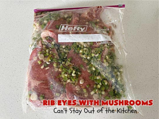 Rib Eyes with Mushrooms | Can't Stay Out of the Kitchen | these fantastic #GrillledSteaks are #marinated before #grilling. The #marinade amps up the flavors & the #mushrooms are added later, finishing the #steaks to perfection. Marvelous for company #dinners, #BackyardBarbecues or when #grilling out with friends. #beef #steak #RibEyes #GlutenFree #RibEyesWithMushrooms