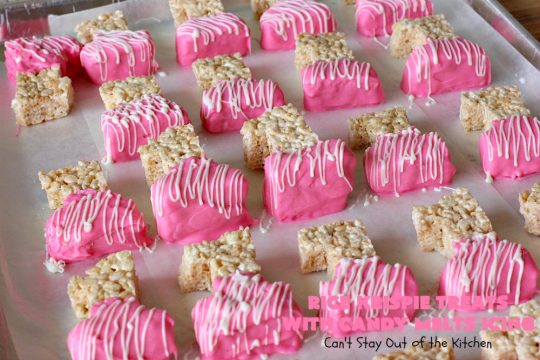 Rice Krispie Treats with Candy Melts Icing | Can't Stay Out of the Kitchen | these delicious #treats are perfect for birthdays, potlucks or #tailgating parties. Everyone loves this #dessert, especially with the icing. #RiceKrispies #RiceKrispieTreats #RiceKrispiesCereal #RiceKrispieTreatsWithCandyMeltIcing #cookie #brownie #RiceKrispieDessert #CandyMelts 