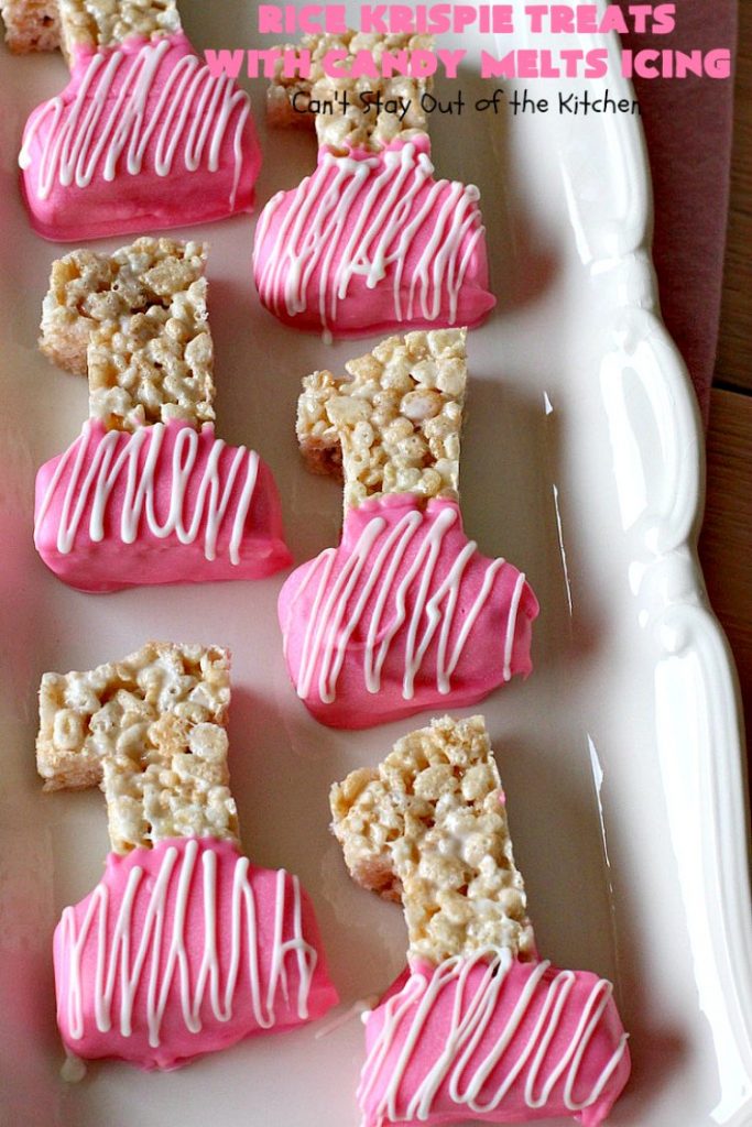 Rice Krispie Treats with Candy Melts Icing | Can't Stay Out of the Kitchen | these delicious #treats are perfect for birthdays, potlucks or #tailgating parties. Everyone loves this #dessert, especially with the icing. #RiceKrispies #RiceKrispieTreats #RiceKrispiesCereal #RiceKrispieTreatsWithCandyMeltIcing #cookie #brownie #RiceKrispieDessert #CandyMelts 