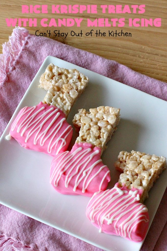 Rice Krispie Treats with Candy Melts Icing | Can't Stay Out of the Kitchen | these delicious #treats are perfect for birthdays, potlucks or #tailgating parties. Everyone loves this #dessert, especially with the icing. #RiceKrispies #RiceKrispieTreats #RiceKrispiesCereal #RiceKrispieTreatsWithCandyMeltIcing #cookie #brownie #RiceKrispieDessert #CandyMelts 