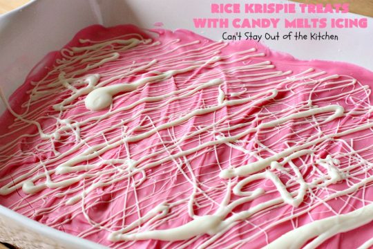 Rice Krispie Treats with Candy Melts Icing | Can't Stay Out of the Kitchen | these delicious #treats are perfect for birthdays, potlucks or #tailgating parties. Everyone loves this #dessert, especially with the icing. #RiceKrispies #RiceKrispieTreats #RiceKrispiesCereal #RiceKrispieTreatsWithCandyMeltIcing #cookie #brownie #RiceKrispieDessert #CandyMelts 