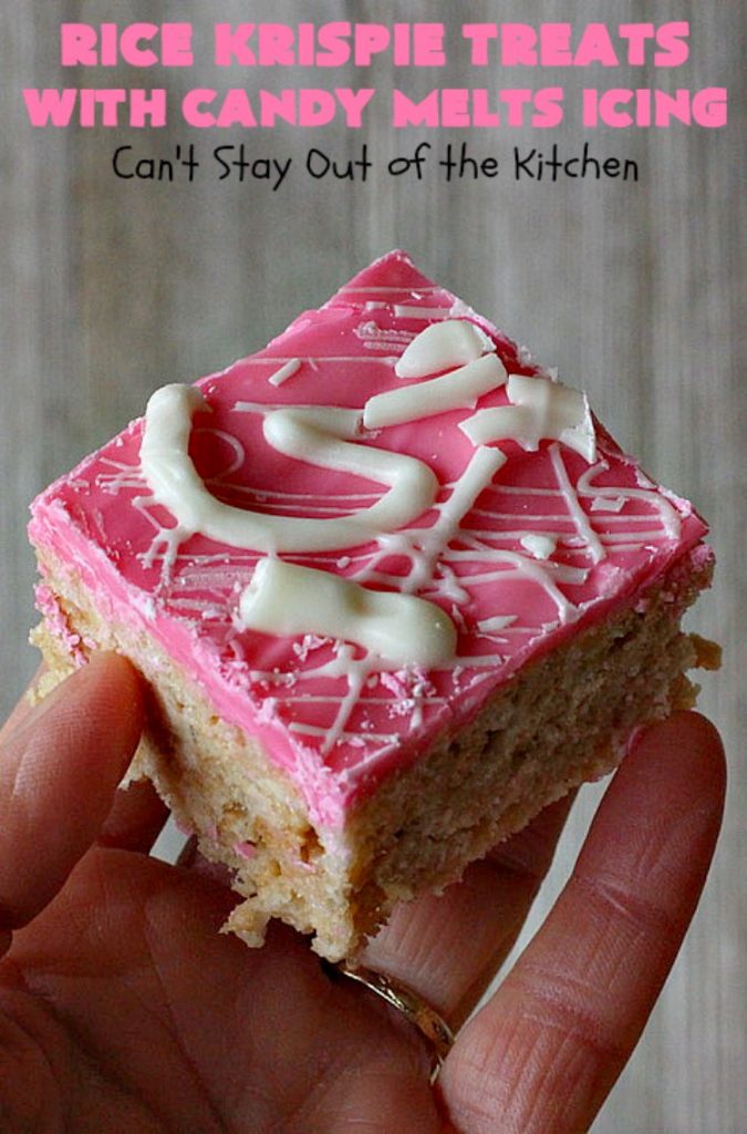 Rice Krispie Treats with Candy Melts Icing | Can't Stay Out of the Kitchen | these delicious #treats are perfect for birthdays, potlucks or #tailgating parties. Everyone loves this #dessert, especially with the icing. #RiceKrispies #RiceKrispieTreats #RiceKrispiesCereal #RiceKrispieTreatsWithCandyMeltIcing #cookie #brownie #RiceKrispieDessert #CandyMelts 