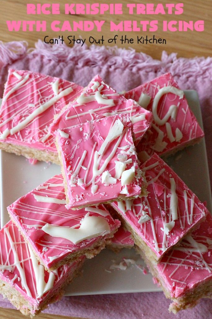 Rice Krispie Treats with Candy Melts Icing | Can't Stay Out of the Kitchen | these delicious #treats are perfect for birthdays, potlucks or #tailgating parties. Everyone loves this #dessert, especially with the icing. #RiceKrispies #RiceKrispieTreats #RiceKrispiesCereal #RiceKrispieTreatsWithCandyMeltIcing #cookie #brownie #RiceKrispieDessert #CandyMelts 