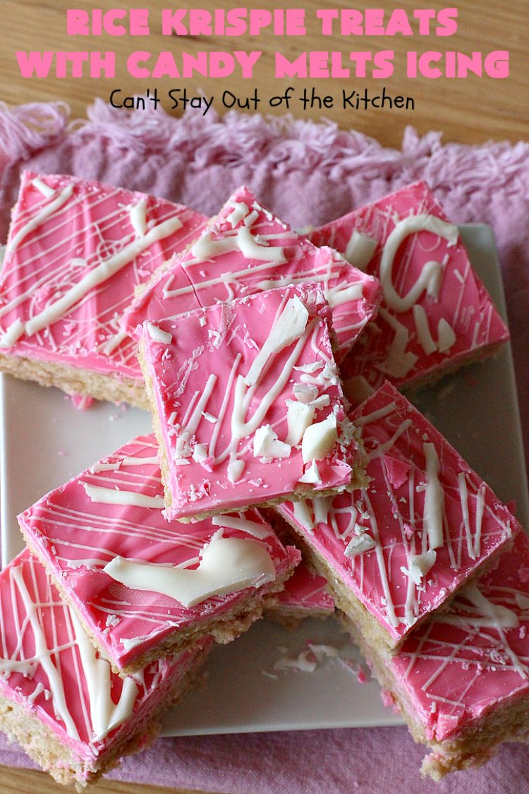 Rice Krispie Treats with Candy Melts Icing | Can't Stay Out of the Kitchen | these delicious #treats are perfect for birthdays, potlucks or #tailgating parties. Everyone loves this #dessert, especially with the icing. #RiceKrispies #RiceKrispieTreats #RiceKrispiesCereal #RiceKrispieTreatsWithCandyMeltIcing #cookie #brownie #RiceKrispieDessert #CandyMelts