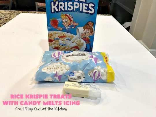 Rice Krispie Treats with Candy Melts Icing | Can't Stay Out of the Kitchen | these delicious #treats are perfect for birthdays, potlucks or #tailgating parties. Everyone loves this #dessert, especially with the icing. #RiceKrispies #RiceKrispieTreats #RiceKrispiesCereal #RiceKrispieTreatsWithCandyMeltIcing #cookie #brownie #RiceKrispieDessert #CandyMelts 