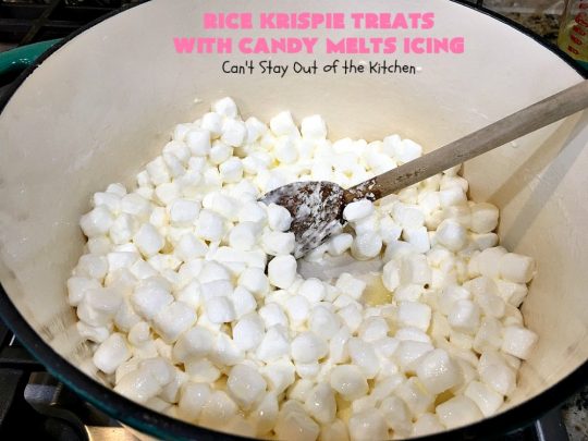 Rice Krispie Treats with Candy Melts Icing | Can't Stay Out of the Kitchen | these delicious #treats are perfect for birthdays, potlucks or #tailgating parties. Everyone loves this #dessert, especially with the icing. #RiceKrispies #RiceKrispieTreats #RiceKrispiesCereal #RiceKrispieTreatsWithCandyMeltIcing #cookie #brownie #RiceKrispieDessert #CandyMelts 
