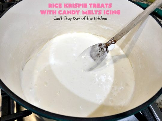 Rice Krispie Treats with Candy Melts Icing | Can't Stay Out of the Kitchen | these delicious #treats are perfect for birthdays, potlucks or #tailgating parties. Everyone loves this #dessert, especially with the icing. #RiceKrispies #RiceKrispieTreats #RiceKrispiesCereal #RiceKrispieTreatsWithCandyMeltIcing #cookie #brownie #RiceKrispieDessert #CandyMelts 