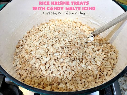 Rice Krispie Treats with Candy Melts Icing | Can't Stay Out of the Kitchen | these delicious #treats are perfect for birthdays, potlucks or #tailgating parties. Everyone loves this #dessert, especially with the icing. #RiceKrispies #RiceKrispieTreats #RiceKrispiesCereal #RiceKrispieTreatsWithCandyMeltIcing #cookie #brownie #RiceKrispieDessert #CandyMelts 