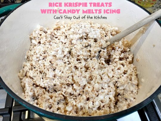 Rice Krispie Treats with Candy Melts Icing | Can't Stay Out of the Kitchen | these delicious #treats are perfect for birthdays, potlucks or #tailgating parties. Everyone loves this #dessert, especially with the icing. #RiceKrispies #RiceKrispieTreats #RiceKrispiesCereal #RiceKrispieTreatsWithCandyMeltIcing #cookie #brownie #RiceKrispieDessert #CandyMelts 