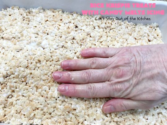 Rice Krispie Treats with Candy Melts Icing | Can't Stay Out of the Kitchen | these delicious #treats are perfect for birthdays, potlucks or #tailgating parties. Everyone loves this #dessert, especially with the icing. #RiceKrispies #RiceKrispieTreats #RiceKrispiesCereal #RiceKrispieTreatsWithCandyMeltIcing #cookie #brownie #RiceKrispieDessert #CandyMelts 