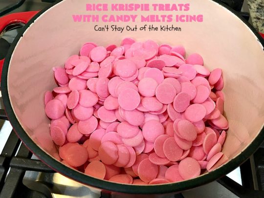 Rice Krispie Treats with Candy Melts Icing | Can't Stay Out of the Kitchen | these delicious #treats are perfect for birthdays, potlucks or #tailgating parties. Everyone loves this #dessert, especially with the icing. #RiceKrispies #RiceKrispieTreats #RiceKrispiesCereal #RiceKrispieTreatsWithCandyMeltIcing #cookie #brownie #RiceKrispieDessert #CandyMelts 