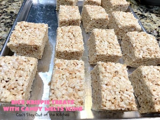 Rice Krispie Treats with Candy Melts Icing | Can't Stay Out of the Kitchen | these delicious #treats are perfect for birthdays, potlucks or #tailgating parties. Everyone loves this #dessert, especially with the icing. #RiceKrispies #RiceKrispieTreats #RiceKrispiesCereal #RiceKrispieTreatsWithCandyMeltIcing #cookie #brownie #RiceKrispieDessert #CandyMelts 