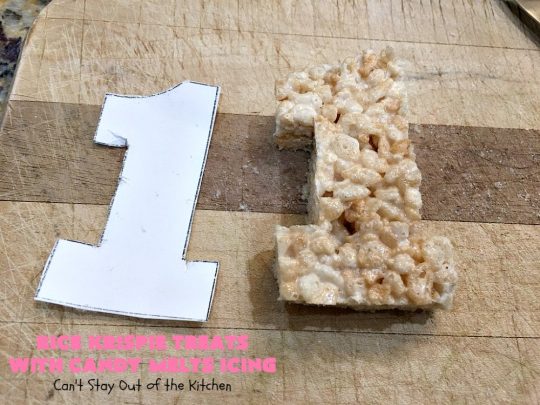 Rice Krispie Treats with Candy Melts Icing | Can't Stay Out of the Kitchen | these delicious #treats are perfect for birthdays, potlucks or #tailgating parties. Everyone loves this #dessert, especially with the icing. #RiceKrispies #RiceKrispieTreats #RiceKrispiesCereal #RiceKrispieTreatsWithCandyMeltIcing #cookie #brownie #RiceKrispieDessert #CandyMelts 
