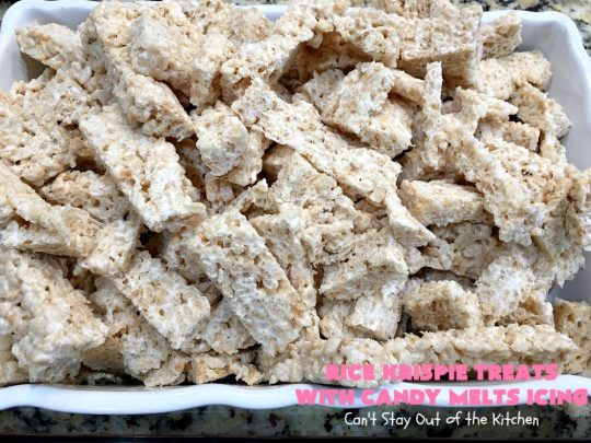 Rice Krispie Treats with Candy Melts Icing | Can't Stay Out of the Kitchen | these delicious #treats are perfect for birthdays, potlucks or #tailgating parties. Everyone loves this #dessert, especially with the icing. #RiceKrispies #RiceKrispieTreats #RiceKrispiesCereal #RiceKrispieTreatsWithCandyMeltIcing #cookie #brownie #RiceKrispieDessert #CandyMelts 