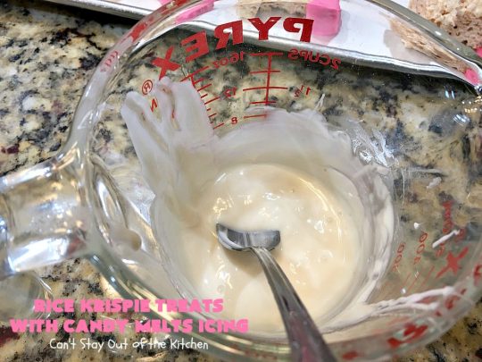 Rice Krispie Treats with Candy Melts Icing | Can't Stay Out of the Kitchen | these delicious #treats are perfect for birthdays, potlucks or #tailgating parties. Everyone loves this #dessert, especially with the icing. #RiceKrispies #RiceKrispieTreats #RiceKrispiesCereal #RiceKrispieTreatsWithCandyMeltIcing #cookie #brownie #RiceKrispieDessert #CandyMelts 