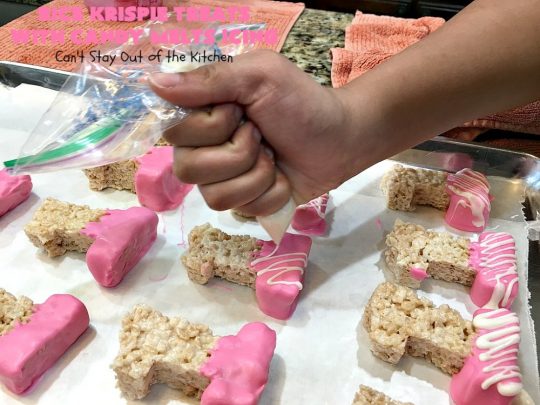 Rice Krispie Treats with Candy Melts Icing | Can't Stay Out of the Kitchen | these delicious #treats are perfect for birthdays, potlucks or #tailgating parties. Everyone loves this #dessert, especially with the icing. #RiceKrispies #RiceKrispieTreats #RiceKrispiesCereal #RiceKrispieTreatsWithCandyMeltIcing #cookie #brownie #RiceKrispieDessert #CandyMelts 