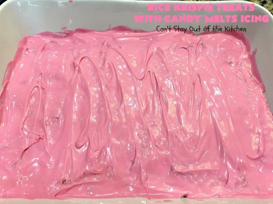 Rice Krispie Treats with Candy Melts Icing | Can't Stay Out of the Kitchen | these delicious #treats are perfect for birthdays, potlucks or #tailgating parties. Everyone loves this #dessert, especially with the icing. #RiceKrispies #RiceKrispieTreats #RiceKrispiesCereal #RiceKrispieTreatsWithCandyMeltIcing #cookie #brownie #RiceKrispieDessert #CandyMelts 