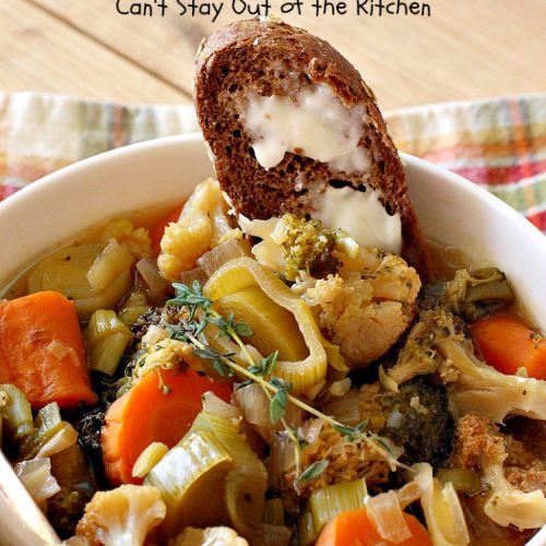 Roasted Broccoli, Cauliflower and Carrots Soup | Can't Stay Out of the Kitchen | this amazing #soup starts with roasting the #vegetables which really enhances the flavor. This comfort food #recipe is perfect for cold, winter nights. It's also #healthy, #LowCalorie, #vegan & #GlutenFree. #Broccoli #carrots #Cauliflower #BroccoliCauliflowerAndCarrotsSoup