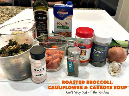Roasted Broccoli, Cauliflower and Carrots Soup | Can't Stay Out of the Kitchen | this amazing #soup starts with roasting the #vegetables which really enhances the flavor. This comfort food #recipe is perfect for cold, winter nights. It's also #healthy, #LowCalorie, #vegan & #GlutenFree. #Broccoli #carrots #Cauliflower #BroccoliCauliflowerAndCarrotsSoup
