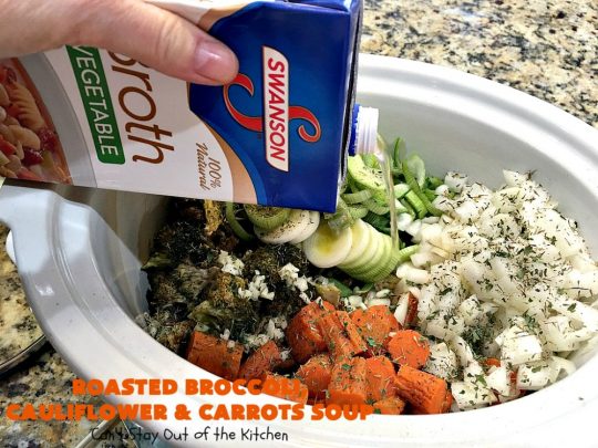 Roasted Broccoli, Cauliflower and Carrots Soup | Can't Stay Out of the Kitchen | this amazing #soup starts with roasting the #vegetables which really enhances the flavor. This comfort food #recipe is perfect for cold, winter nights. It's also #healthy, #LowCalorie, #vegan & #GlutenFree. #Broccoli #carrots #Cauliflower #BroccoliCauliflowerAndCarrotsSoup