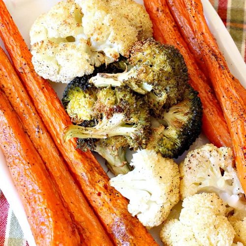Roasted Broccoli, Cauliflower and Carrots | Can't Stay Out of the Kitchen | this easy, simple & delicious #vegetable #SideDish is wonderful for any entree. It's also great for #MeatlessMondays. #Vegan #GlutenFree #Healthy #LowCalorie #CleanEating #carrots #Broccoli #Cauliflower #RoastedBroccoliCauliflowerAndCarrots