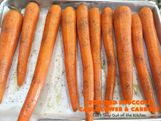 Roasted Broccoli, Cauliflower and Carrots | Can't Stay Out of the Kitchen | this easy, simple & delicious #vegetable #SideDish is wonderful for any entree. It's also great for #MeatlessMondays. #Vegan #GlutenFree #Healthy #LowCalorie #CleanEating #carrots #Broccoli #Cauliflower #RoastedBroccoliCauliflowerAndCarrots
