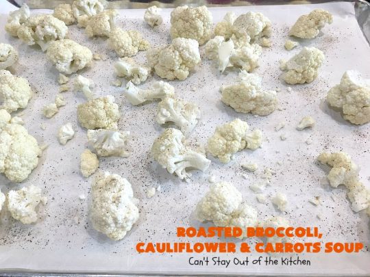 Roasted Broccoli, Cauliflower and Carrots Soup | Can't Stay Out of the Kitchen | this amazing #soup starts with roasting the #vegetables which really enhances the flavor. This comfort food #recipe is perfect for cold, winter nights. It's also #healthy, #LowCalorie, #vegan & #GlutenFree. #Broccoli #carrots #Cauliflower #BroccoliCauliflowerAndCarrotsSoup