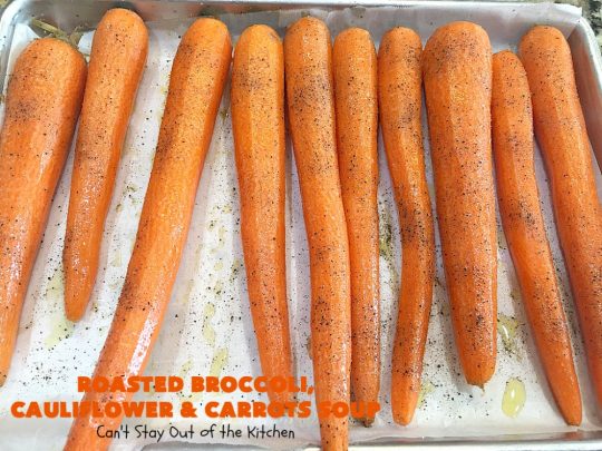 Roasted Broccoli, Cauliflower and Carrots Soup | Can't Stay Out of the Kitchen | this amazing #soup starts with roasting the #vegetables which really enhances the flavor. This comfort food #recipe is perfect for cold, winter nights. It's also #healthy, #LowCalorie, #vegan & #GlutenFree. #Broccoli #carrots #Cauliflower #BroccoliCauliflowerAndCarrotsSoup