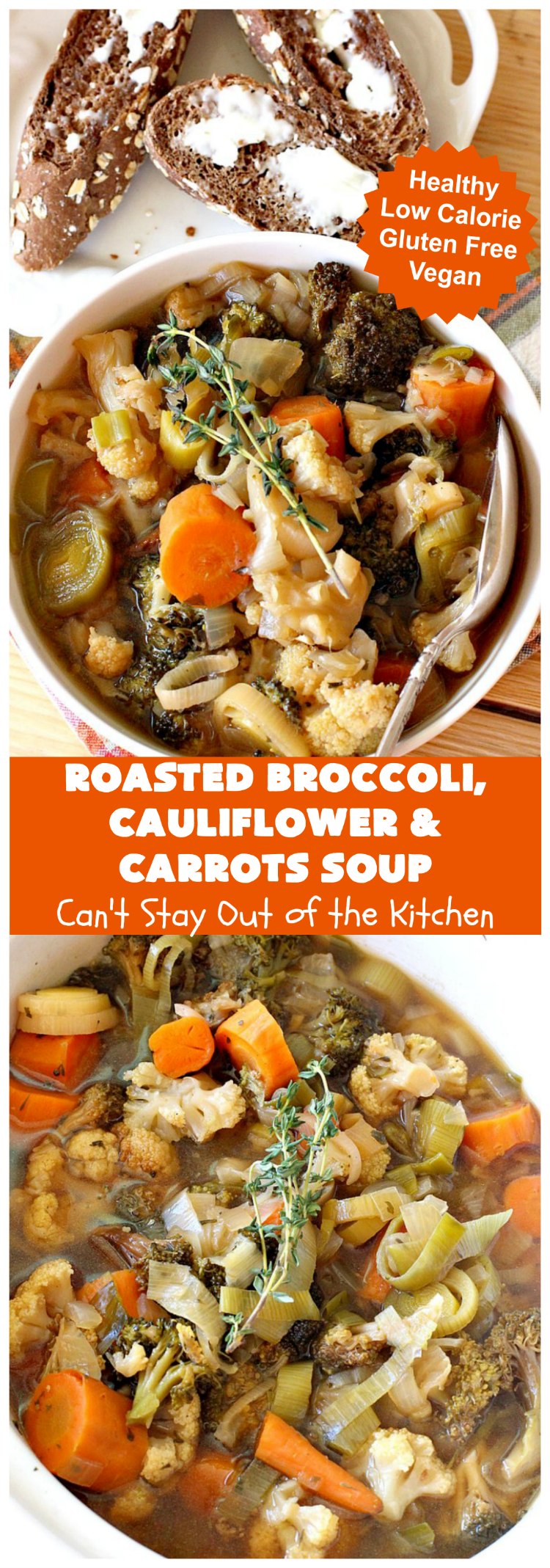 Roasted Broccoli, Cauliflower and Carrots Soup | Can't Stay Out of the Kitchen | this amazing #soup starts with roasting the #vegetables which really enhances the flavor. This comfort food #recipe is perfect for cold, winter nights. It's also #healthy, #LowCalorie, #vegan & #GlutenFree. #Broccoli #carrots #Cauliflower #BroccoliCauliflowerAndCarrotsSoup