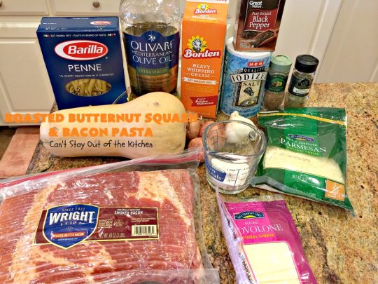 Roasted Butternut Squash and Bacon Pasta | Can't Stay Out of the Kitchen | this sumptuous & savory #pasta entree is absolutely sensational!  It's made with roasted #butternutsquash, #penne pasta, #bacon & both #provolone & #parmesan #cheese. The sauce is thick, creamy, cheesy & out of this world. We loved this #casserole. #noodles