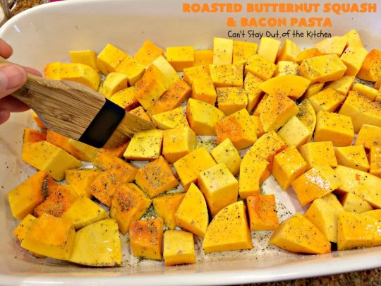 Roasted Butternut Squash and Bacon Pasta | Can't Stay Out of the Kitchen | this sumptuous & savory #pasta entree is absolutely sensational!  It's made with roasted #butternutsquash, #penne pasta, #bacon & both #provolone & #parmesan #cheese. The sauce is thick, creamy, cheesy & out of this world. We loved this #casserole. #noodles