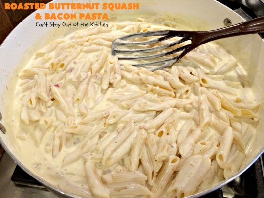 Roasted Butternut Squash and Bacon Pasta | Can't Stay Out of the Kitchen | this sumptuous & savory #pasta entree is absolutely sensational!  It's made with roasted #butternutsquash, #penne pasta, #bacon & both #provolone & #parmesan #cheese. The sauce is thick, creamy, cheesy & out of this world. We loved this #casserole. #noodles