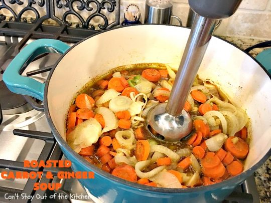 Roasted Carrot and Ginger Soup | Can't Stay Out of the Kitchen | this lovely #soup is creamy & delicious & perfect for cold, winter nights when you want comfort food. #carrots #ginger #leeks #glutenfree #vegan #MeatlessMondays