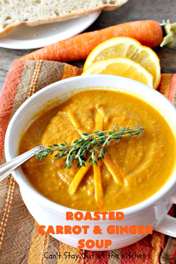 Roasted Carrot and Ginger Soup | Can't Stay Out of the Kitchen | this lovely #soup is creamy & delicious & perfect for cold, winter nights when you want comfort food. #carrots #ginger #leeks #glutenfree #vegan #MeatlessMondays