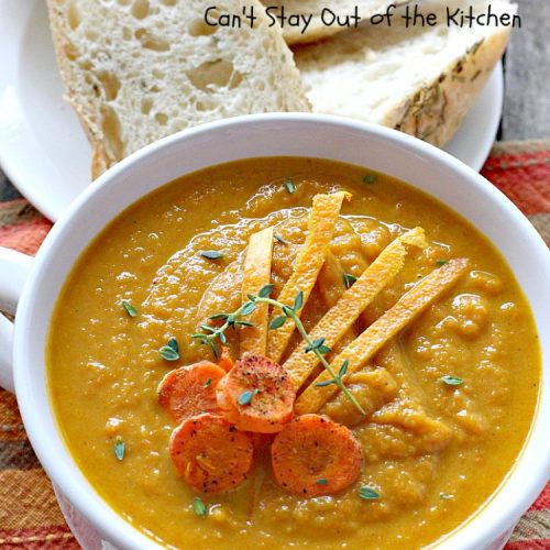Roasted Carrot and Ginger Soup | Can't Stay Out of the Kitchen | this lovely #soup is creamy & delicious & perfect for cold, winter nights when you want comfort food. #carrots #ginger #leeks #glutenfree #vegan #MeatlessMondays