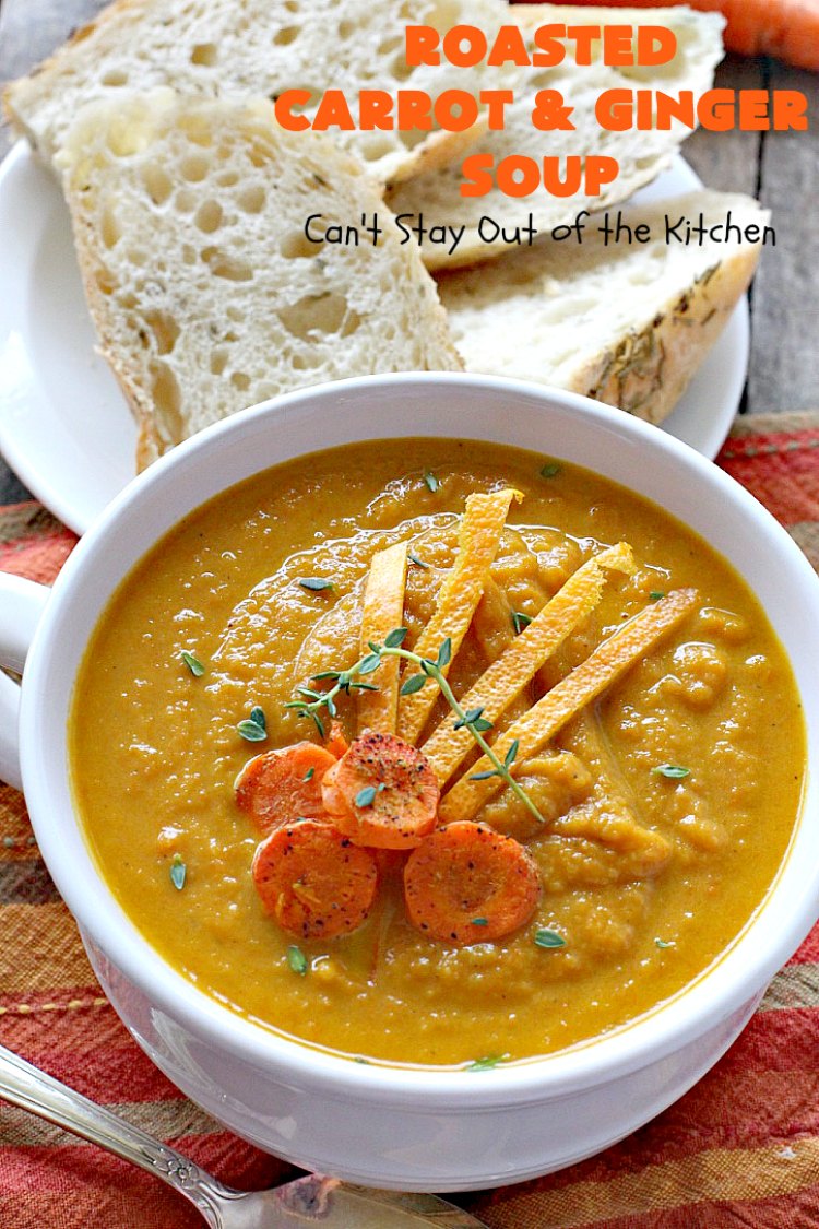 Roasted Carrot and Ginger Soup | Can't Stay Out of the Kitchen | this lovely #soup is creamy & delicious & perfect for cold, winter nights when you want comfort food. #carrots #ginger #leeks #glutenfree #vegan #MeatlessMondays