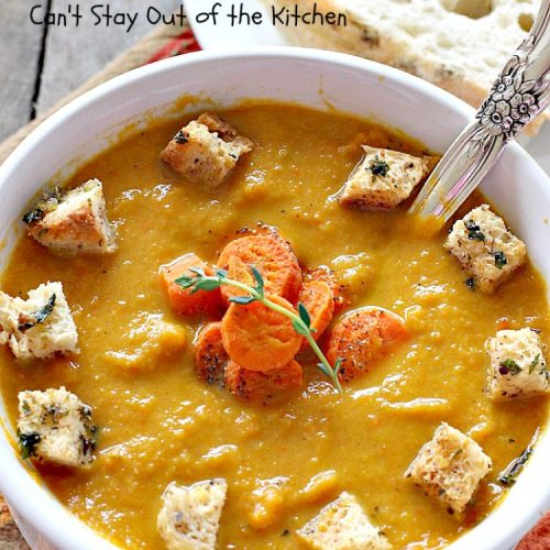 Roasted Carrot and Ginger Soup | Can't Stay Out of the Kitchen | this lovely #soup is creamy & delicious & perfect for cold, winter nights when you want comfort food. #carrots #ginger #leeks #glutenfree #vegan #MeatlessMondays