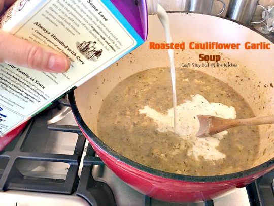 Roasted Cauliflower Garlic Soup | Can't Stay Out of the Kitchen | delicious comfort food with roasted #cauliflower, #garlic & other veggies. This one is made creamy with cream & #cheddarcheese. #soup #glutenfree