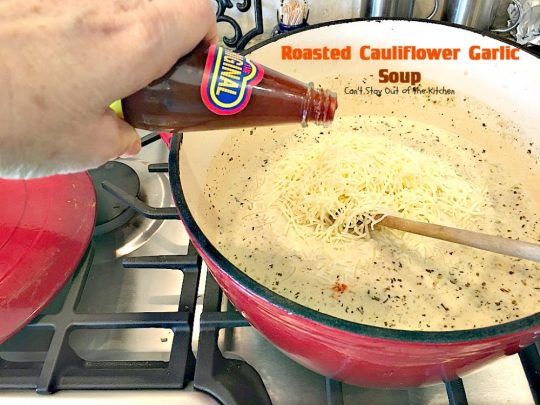 Roasted Cauliflower Garlic Soup | Can't Stay Out of the Kitchen | delicious comfort food with roasted #cauliflower, #garlic & other veggies. This one is made creamy with cream & #cheddarcheese. #soup #glutenfree